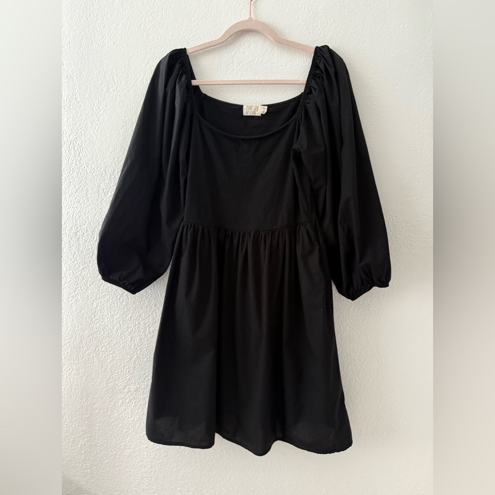 Nation LTD Heddie Combo Babydoll puff 3/4 sleeves Dress Size M In Jet Black - Picture 3 of 14